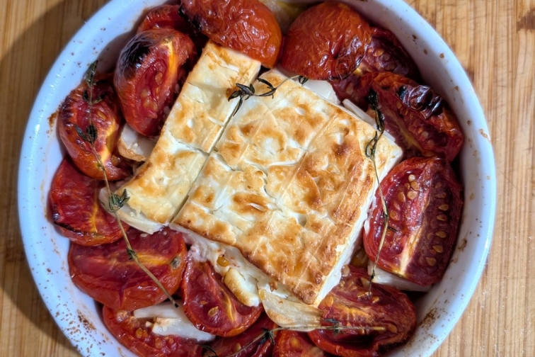 Greek Shavuot dish: oven-baked feta cheese with cherry tomatoes (Feta Bougiourdi). Photo: Shooky Galili. Approved for one-time use