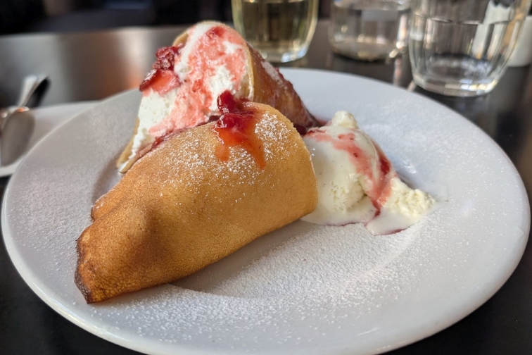 Shavuot dessert: a cr&ecirc;pe filled with dairy ice cream and whipped cream. Photo by Shooky Galili