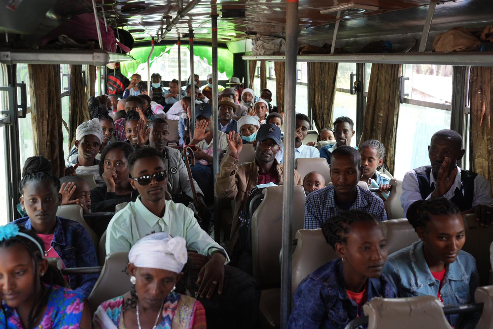 Bus full of Ethiopian olim waiting to making Aliyah to Israel