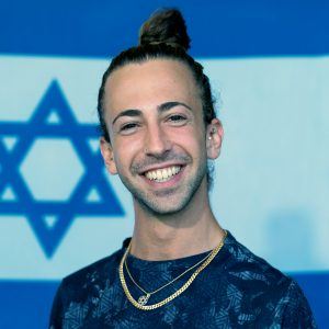 Yakov Shapiro, Israel Fellow in front of an Israeli flag